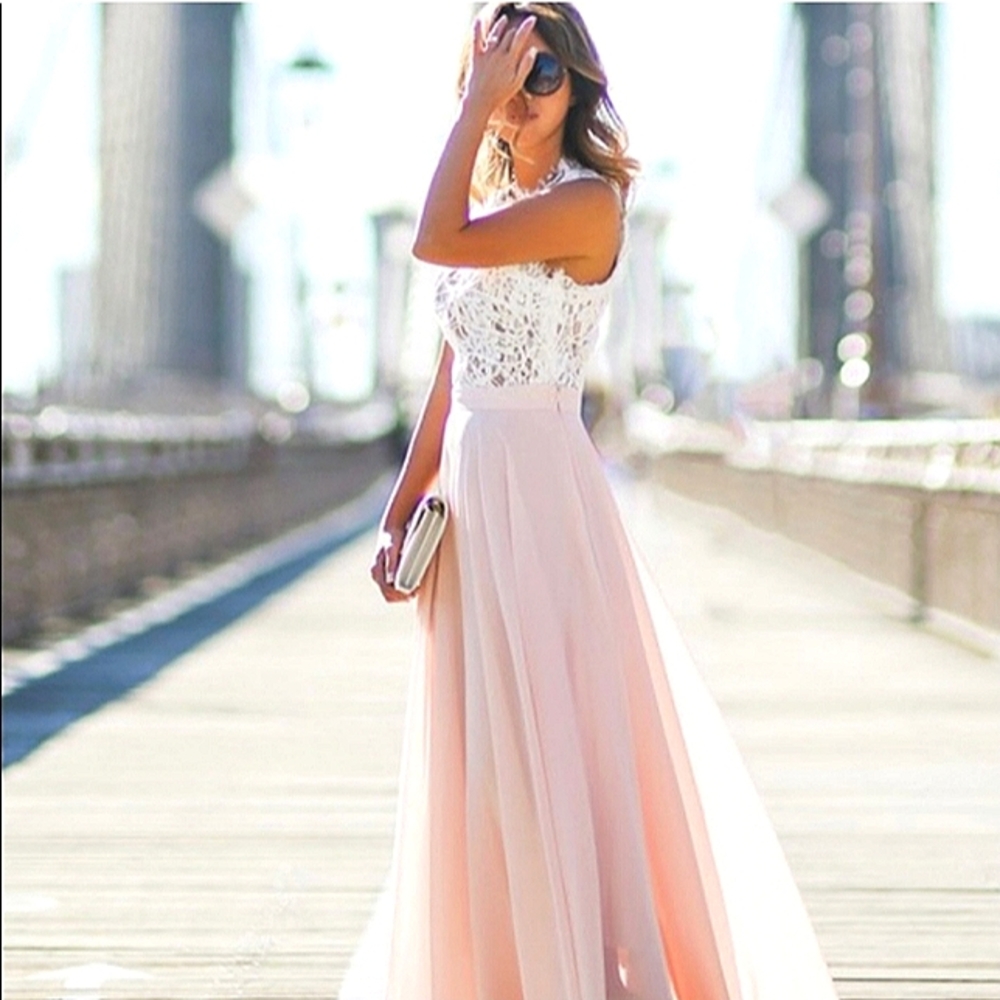 Lace Bodice Pink Maxi Dress - Elegant Sleeveless Gown